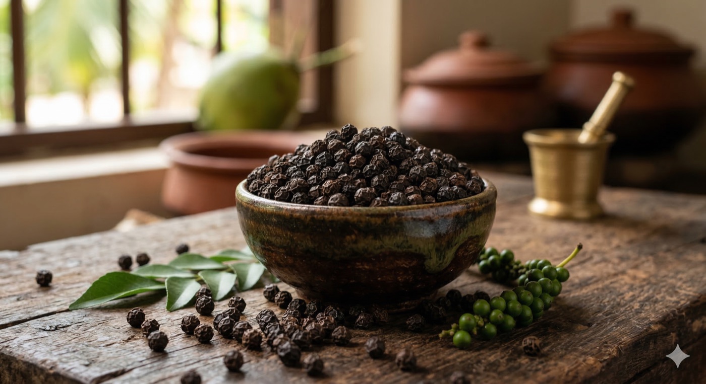 Whole black peppercorns from Wayanad