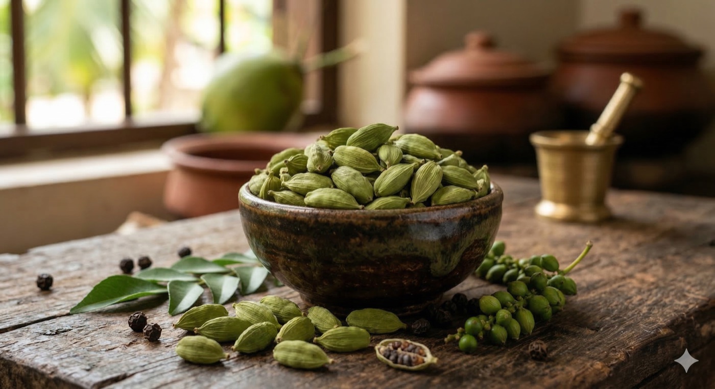 Vibrant green cardamom pods